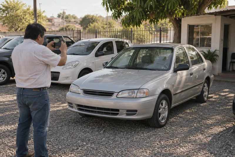 Vendedor de autos usados sacando una foto a un auto con el celular