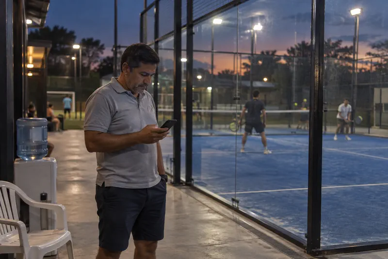 Dueño de un complejo de pádel mirando el celular junto a la cancha iluminada