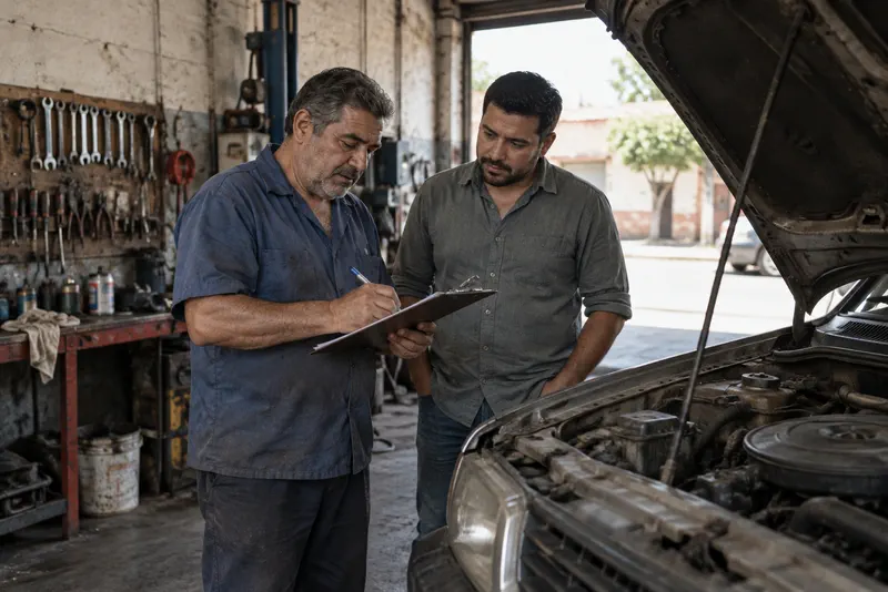 Técnico anotando un trabajo junto a su cliente en el taller